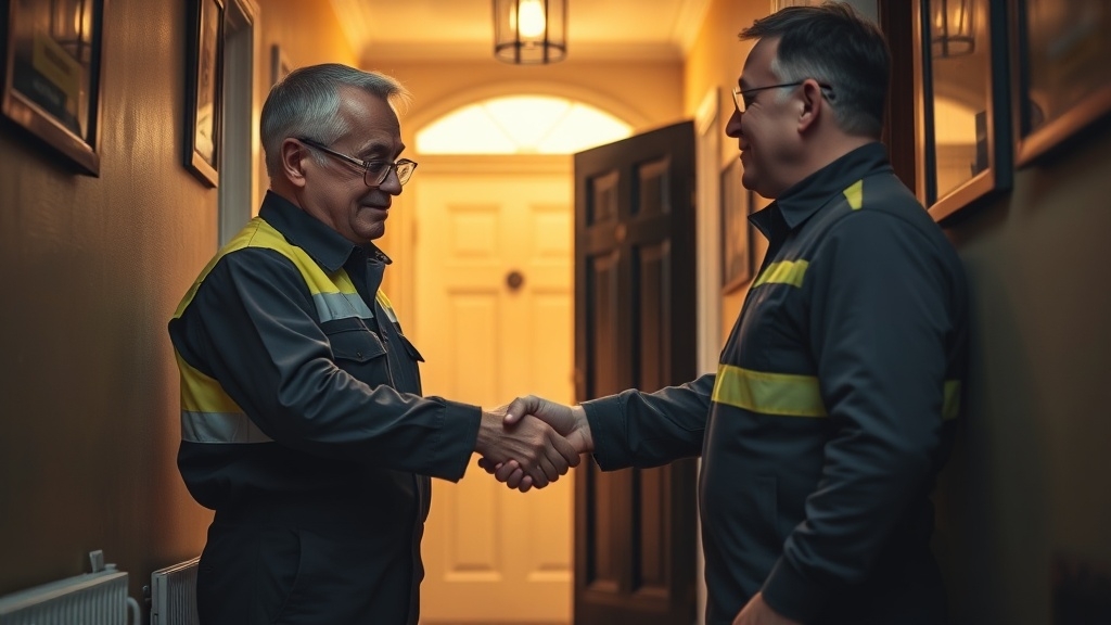Engineer shaking hands with a Wimbledon homeowner after locating their leak